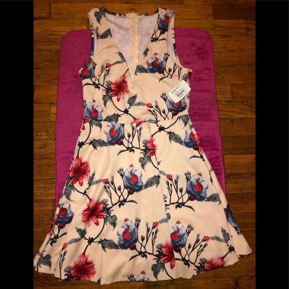 Cream flower printed short sun dress